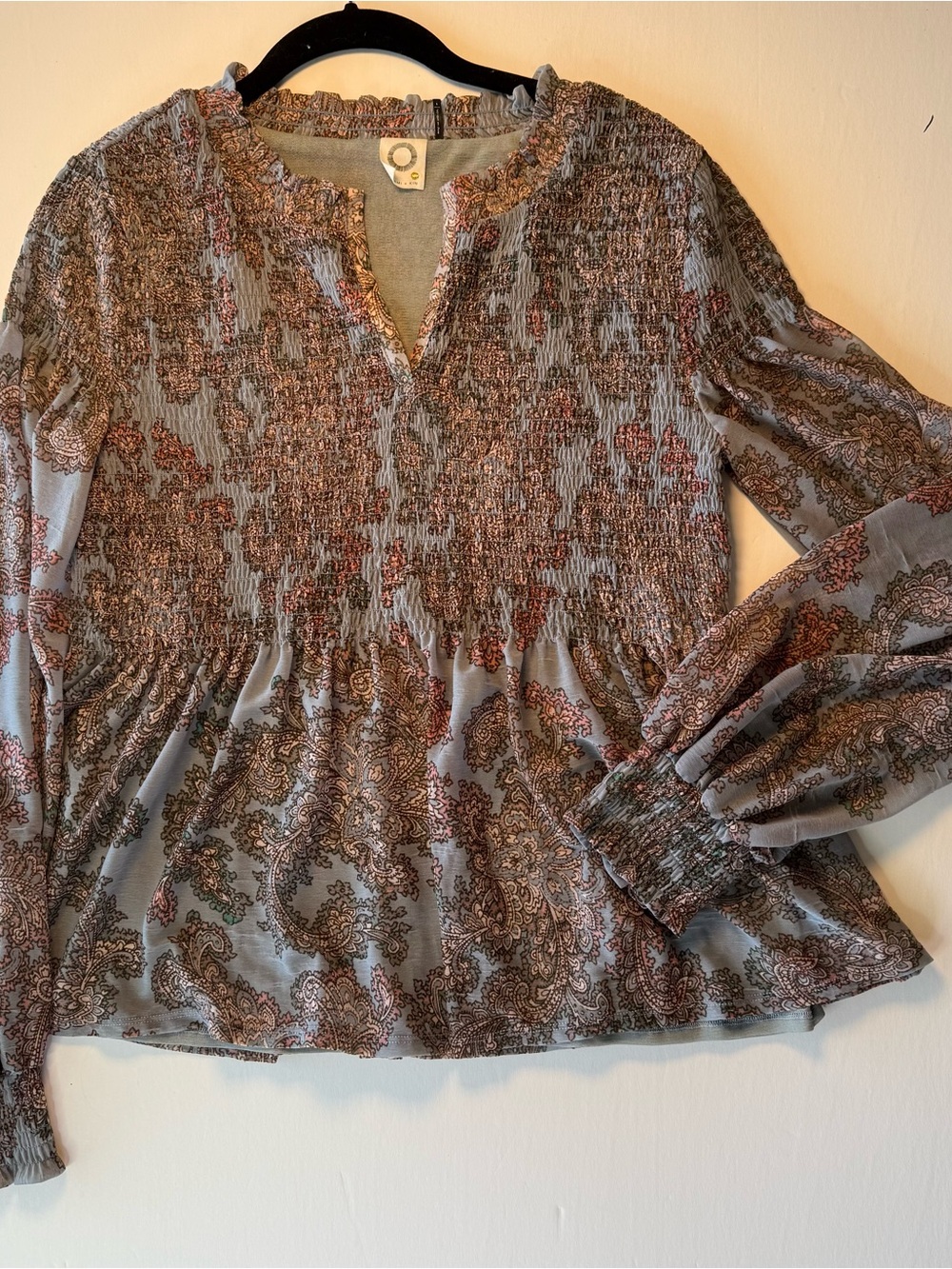 Akemi + Kin Paisley Smocked Peplum Blouse Boho Cottagecore Blue Small